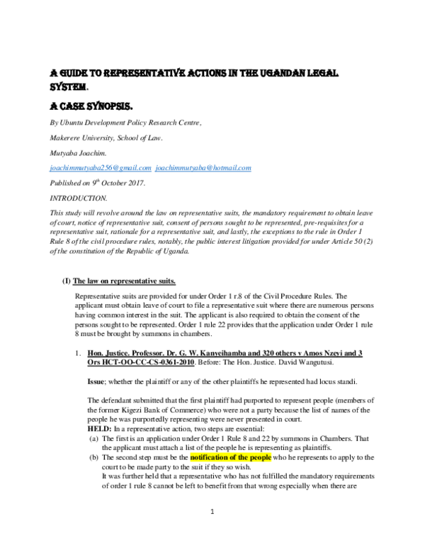 (DOC) A GUIDE TO REPRESENTATIVE ACTIONS IN THE UGANDAN LEGAL SYSTEM. A