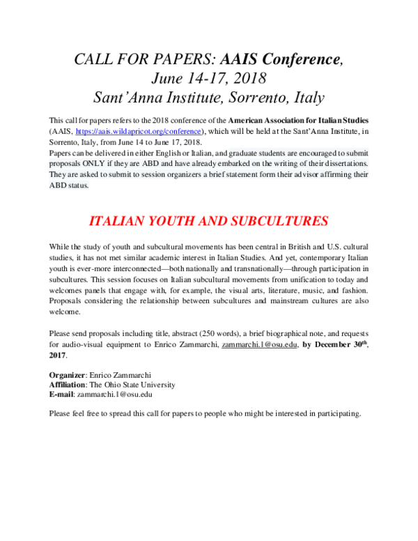 (PDF) Italian Youth and Subcultures Call for Papers AAIS 2018
