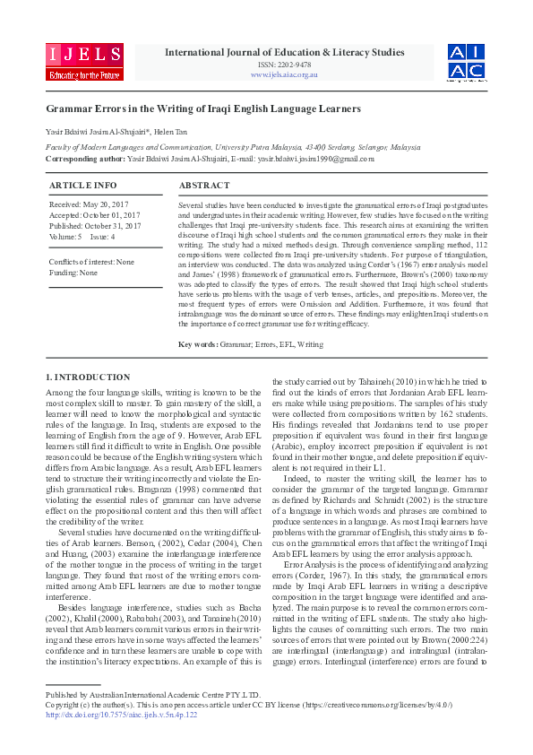(PDF) Grammar Errors in the Writing of Iraqi English Language Learners