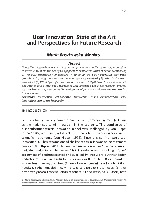 (PDF) User Innovation: State of the Art and Perspectives for Future ...