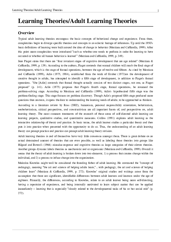 Pdf Learning Theories Adult Learning Theories Learning Theories Adult