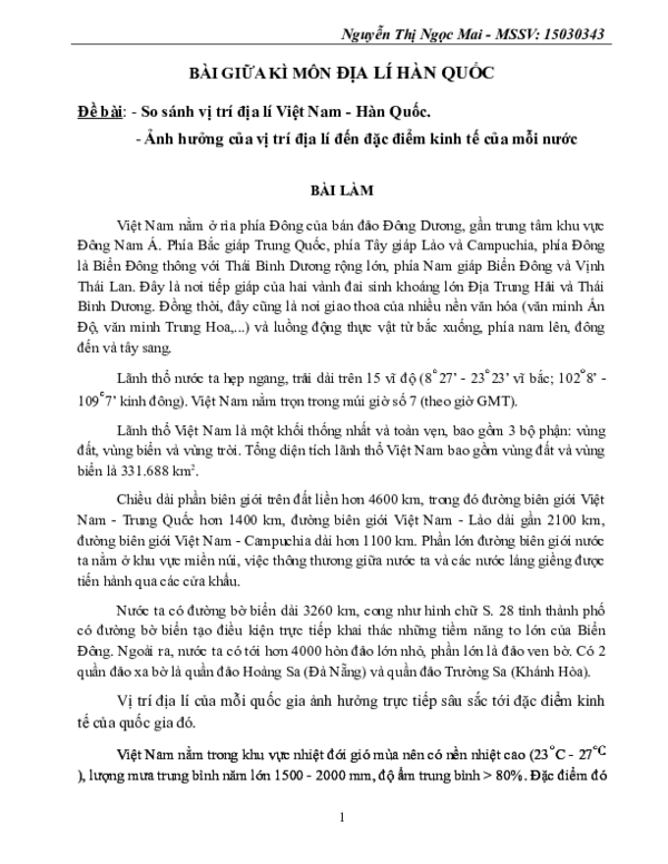First page of “BÀI GIỮA KÌ MÔN ĐỊA LÍ HÀN QUỐC”