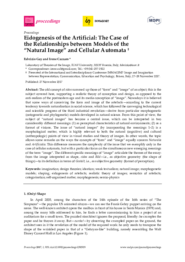 Pdf Eidogenesis Of The Artificial The Case Of The Relationships Between Models Of The Natural Image And Cellular Automata Irene Cazzaro And Fabrizio Gay Academia Edu