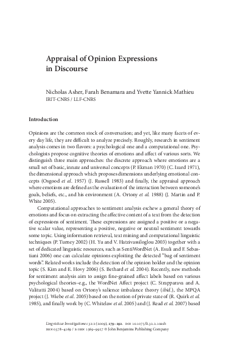 (PDF) Appraisal of Opinion Expressions in Discourse