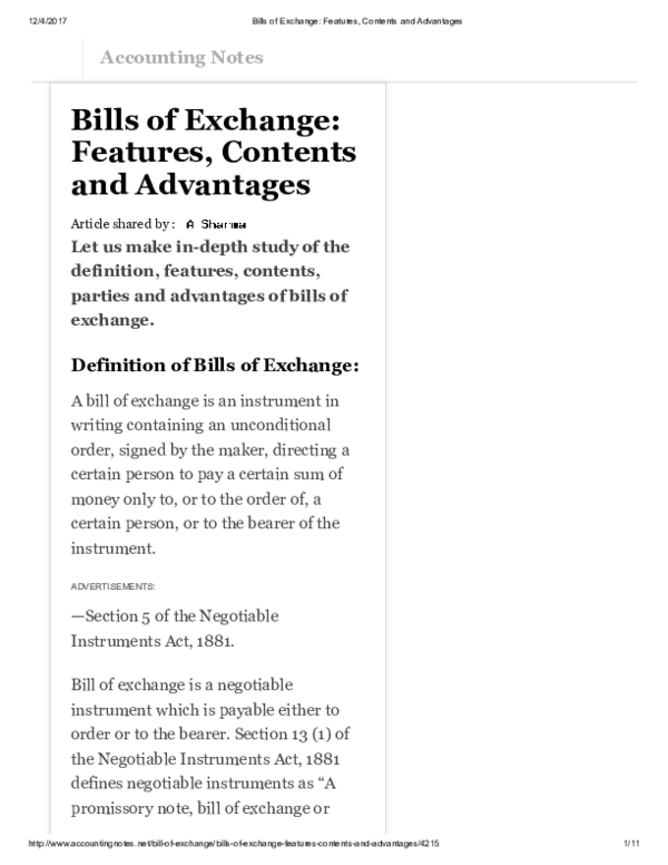 (PDF) ofexchange/billsofexchangefeaturescontentsandadvantages