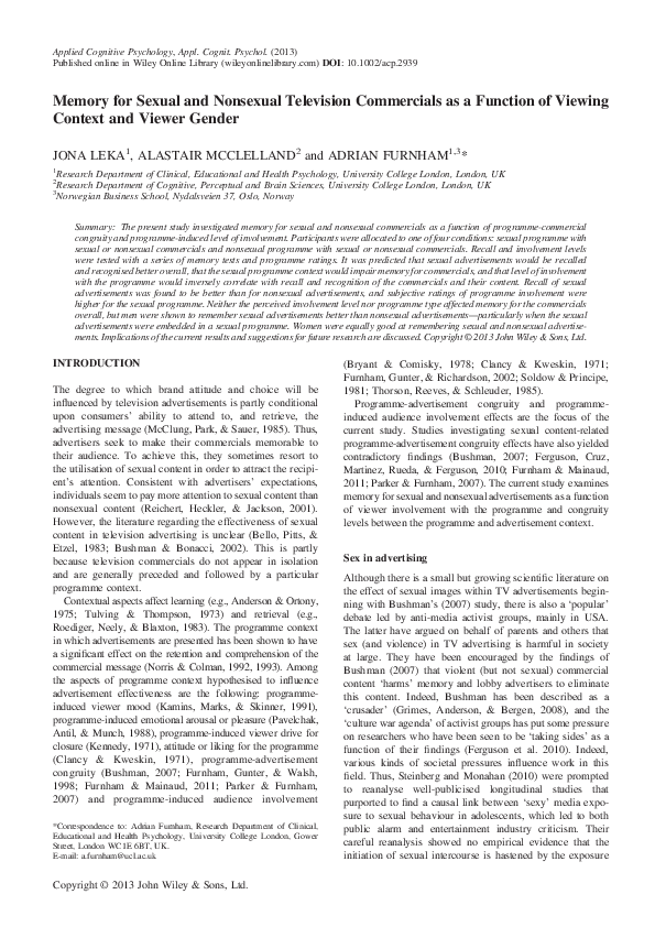 (PDF) Memory for Sexual and Nonsexual Television Commercials as a ...