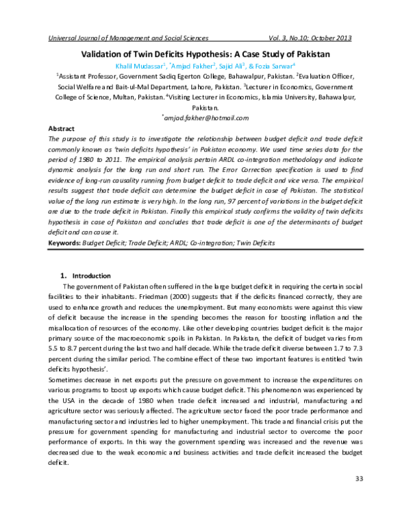 (PDF) Validation of Twin Deficits Hypothesis: A Case Study of Pakistan
