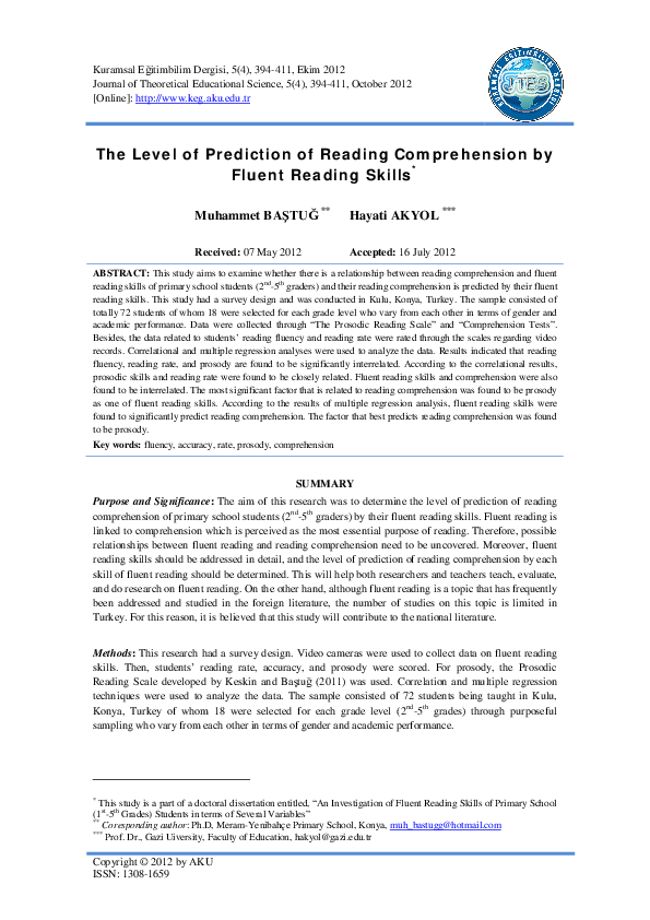 (PDF) The Level of Prediction of Reading Comprehension by Fluent ...