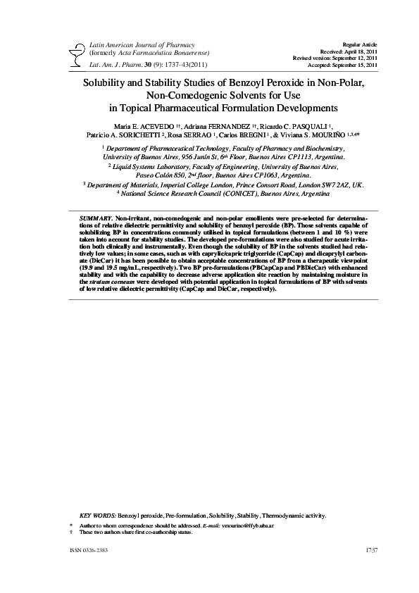 Pdf Solubility And Stability Studies Of Benzoyl Peroxide In Non Polar Non Comedogenic Solvents For Use In Topical Pharmaceutical Formulation Developments Maria Trinidad Fuentes Acevedo Academia Edu
