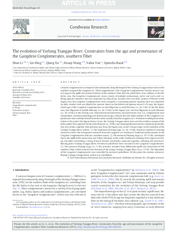 (PDF) The evolution of Yarlung Tsangpo River: Constraints from the age ...