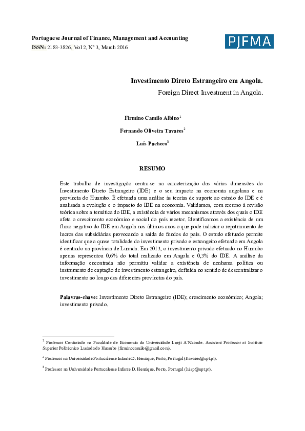 Investimento Direto Estrangeiro em Angola. Foreign Direct Investment in