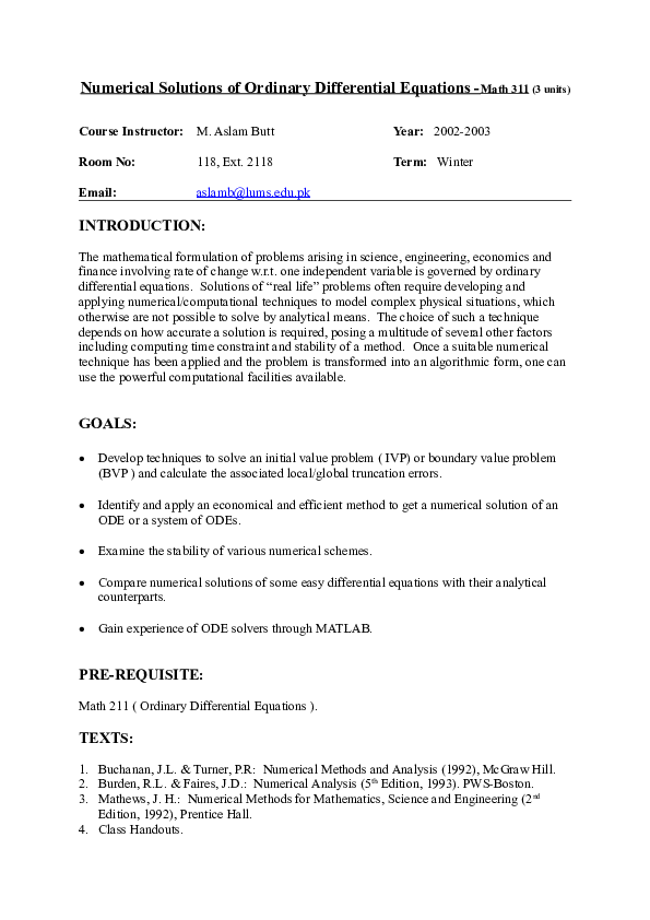 Doc Numerical Solutions Of Ordinary Differential Equations Math 311 3 Units Doc Numerical Solutions Of Ordinary Differential Equations Math 311 3 Units