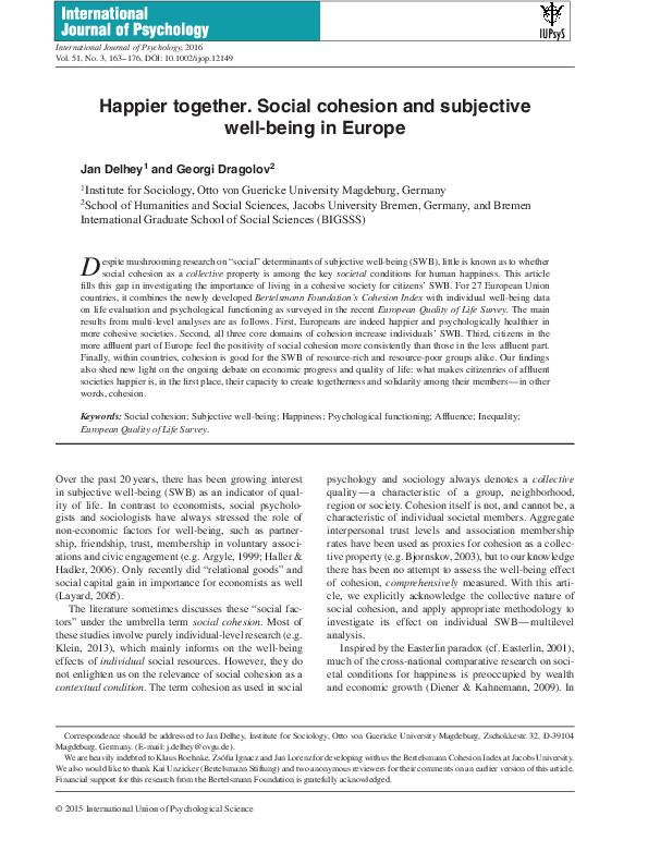 (PDF) Happier together. Social cohesion and subjective well-being in Europe