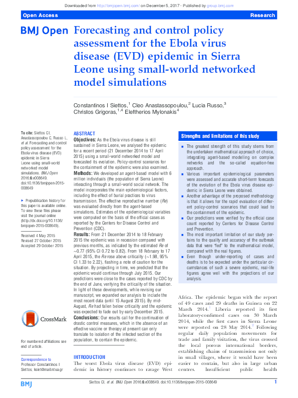 (PDF) Forecasting and control policy assessment for the Ebola virus ...