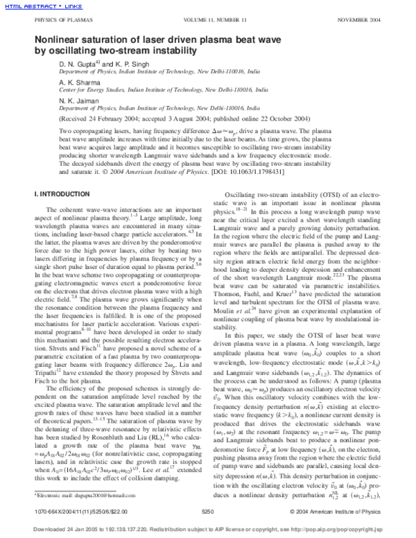 (PDF) Nonlinear saturation of laser driven plasma beat wave by ...