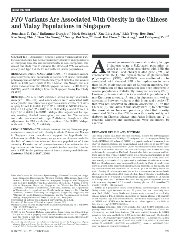 (PDF) FTO Variants Are Associated With Obesity in the Chinese and Malay ...