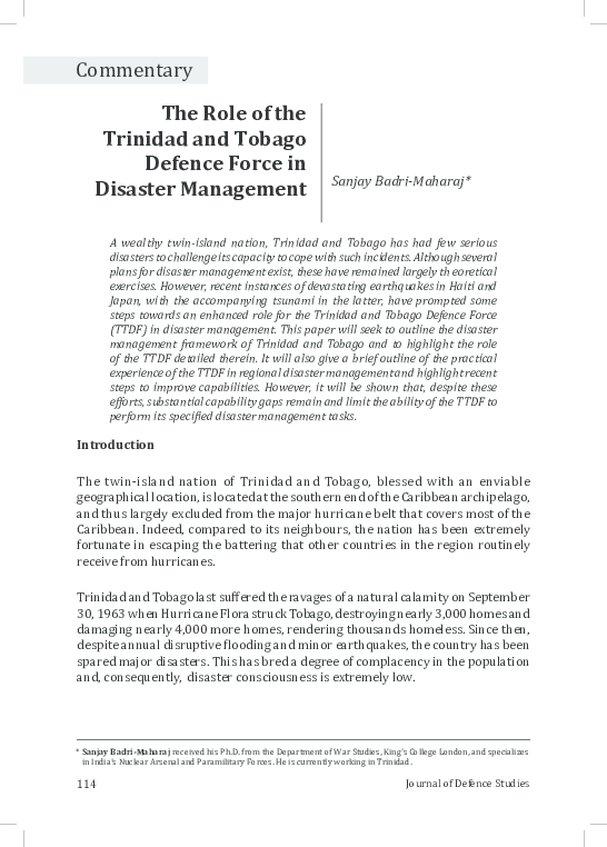(PDF) The Role of the Trinidad and Tobago Defence Force in Disaster ...