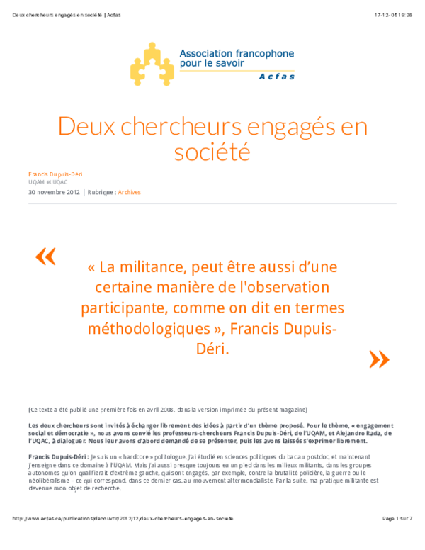 (PDF) Deux chercheurs engagés en société (échanges entre Alejandro Rada ...