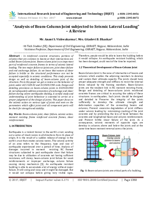 (PDF) " Analysis of Beam-Column Joint subjected to Seismic Lateral ...