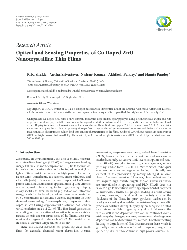 (PDF) Optical and Sensing Properties of Cu Doped ZnO Nanocrystalline ...