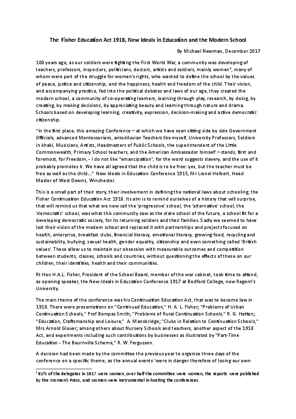 (DOC) The Fisher Education Act 1918, New Ideals in Education and the