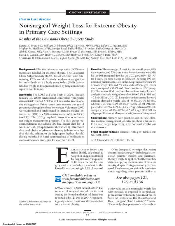 (PDF) Nonsurgical Weight Loss for Extreme Obesity in Primary Care Settings