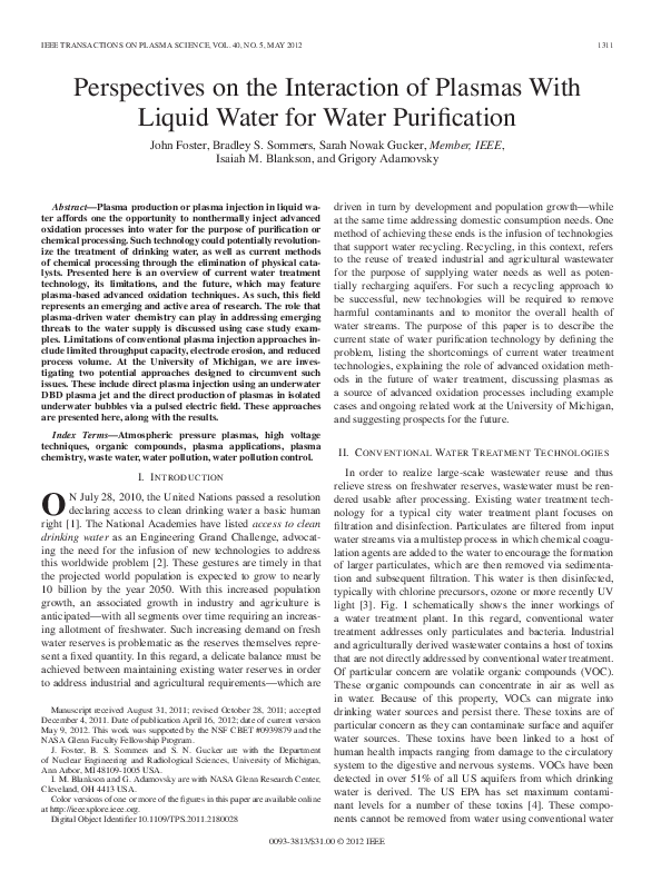 (PDF) Perspectives on the Interaction of Plasmas With Liquid Water for