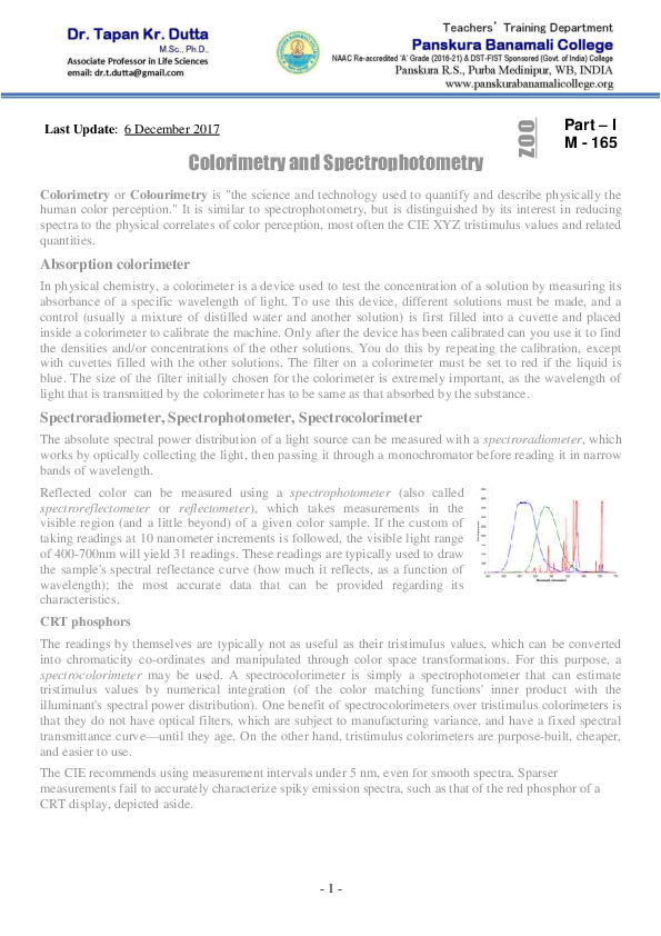 (PDF) M 165 Colorimetry and Spectrophotometry.pdf Tapan Dutta