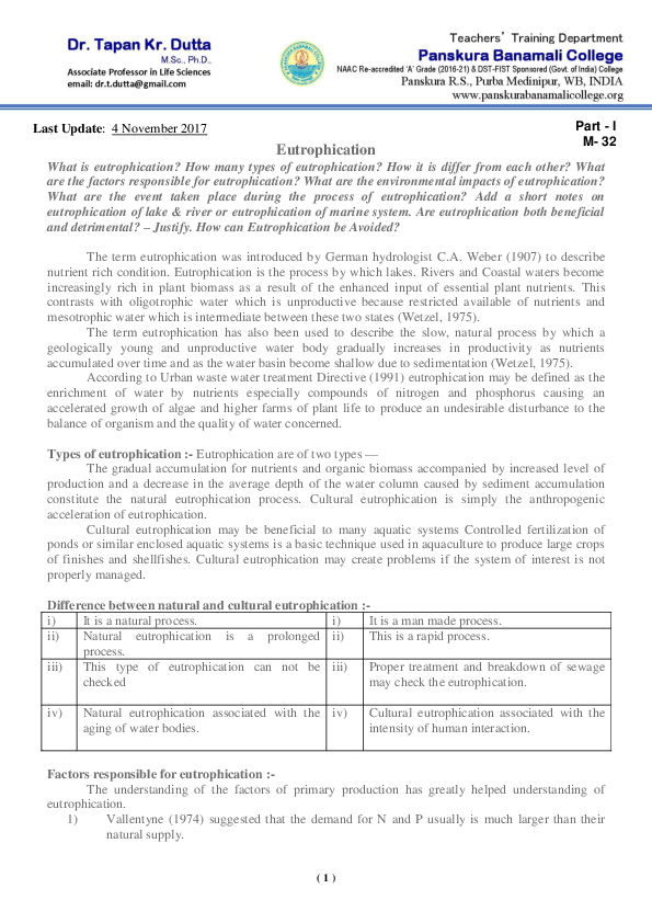 Eutrophication in an ecosystem is a image