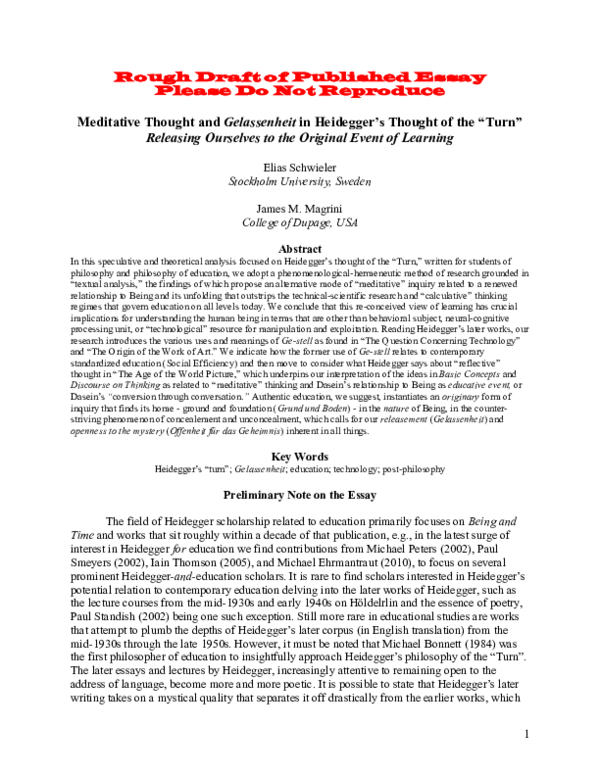 (PDF) Meditative Thought and Gelassenheit in Heidegger's Thought of the ...