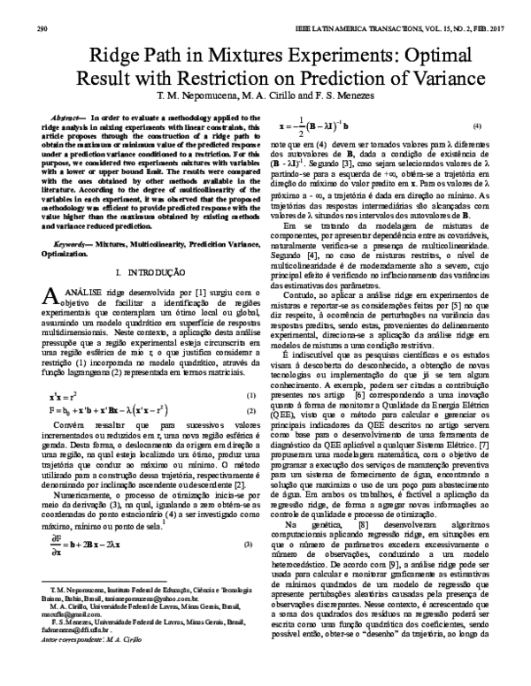 (PDF) Ridge Path in Mixtures Experiments: Optimal Result with ...
