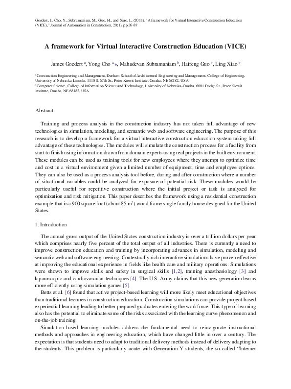 (PDF) A framework for Virtual Interactive Construction Education (VICE