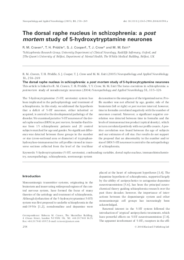 (PDF) The dorsal raphe nucleus in schizophrenia: a post mortem study of ...