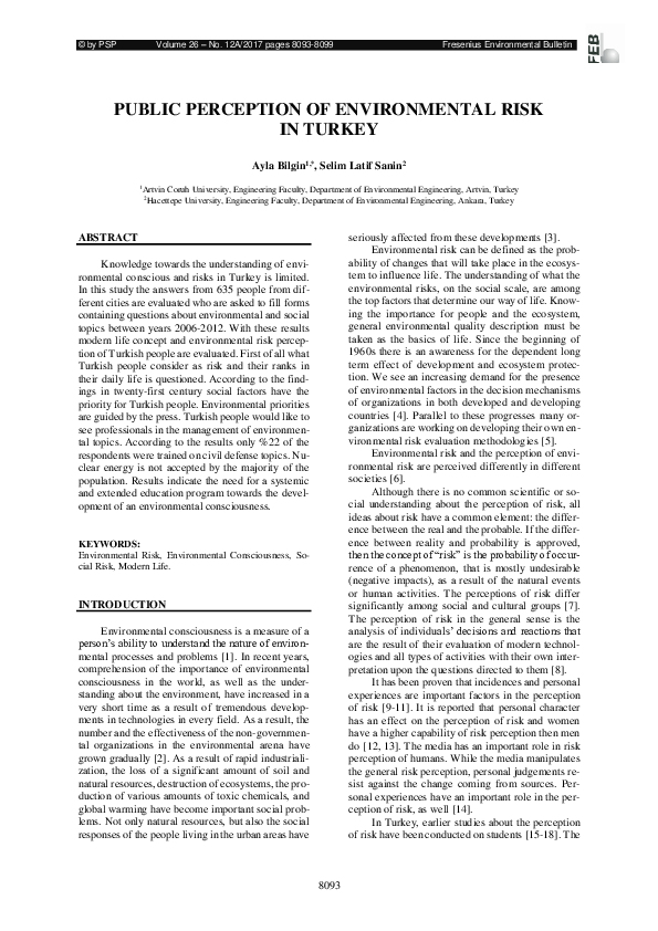 (PDF) PUBLIC PERCEPTION OF ENVIRONMENTAL RISK IN TURKEY