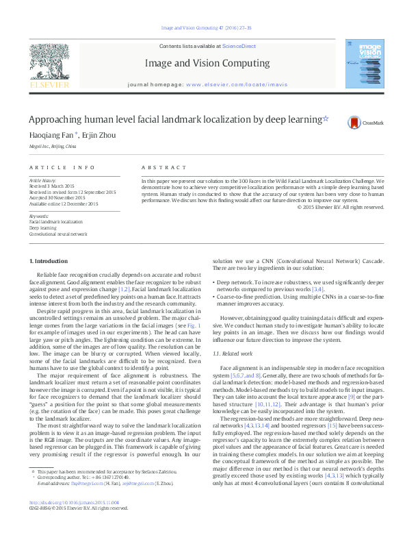 (PDF) Approaching human level facial landmark localization by deep learning