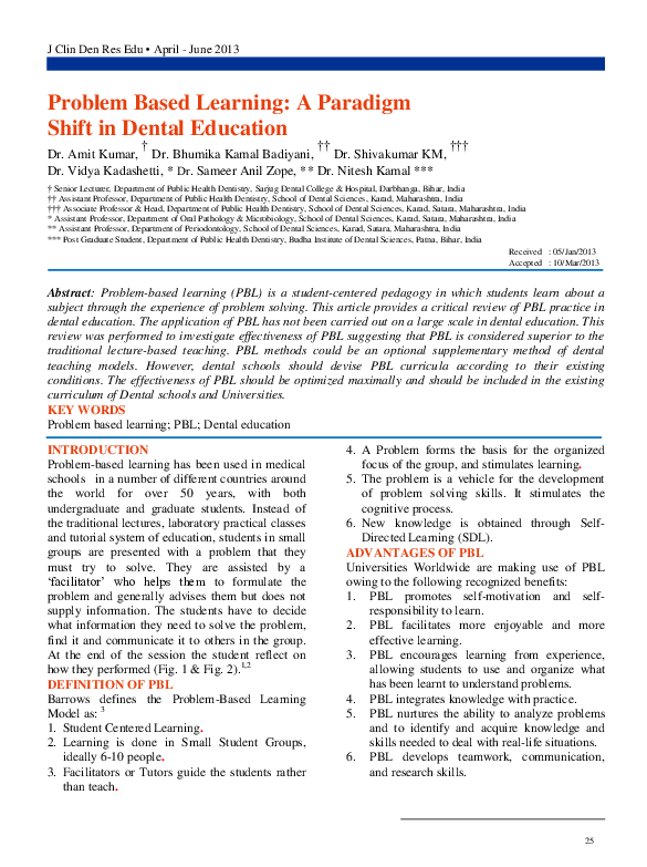 (PDF) Problem Based Learning: A Paradigm Shift in Dental Education