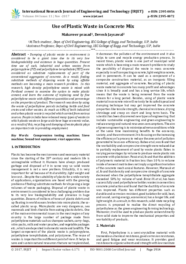 PDF) Use of Plastic Waste in Concrete Mix