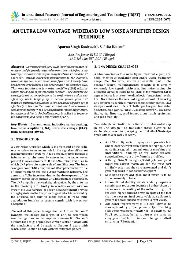 (PDF) AN ULTRA LOW VOLTAGE, WIDEBAND LOW NOISE AMPLIFIER DESIGN TECHNIQUE