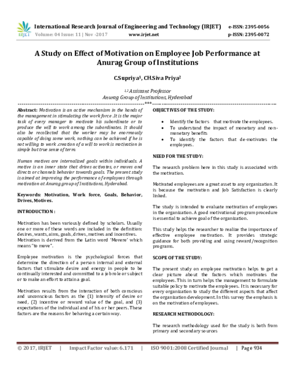 (PDF) A Study on Effect of Motivation on Employee Job Performance at ...