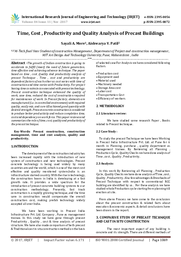 (PDF) Time, Cost , Productivity and Quality Analysis of Precast