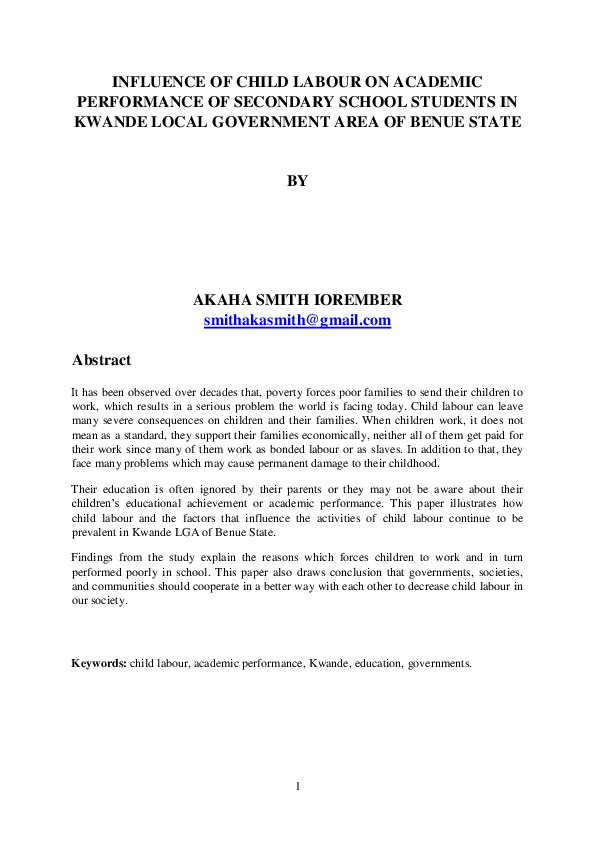 (PDF) INFLUENCE OF CHILD LABOUR ON ACADEMIC PERFORMANCE OF SECONDARY ...