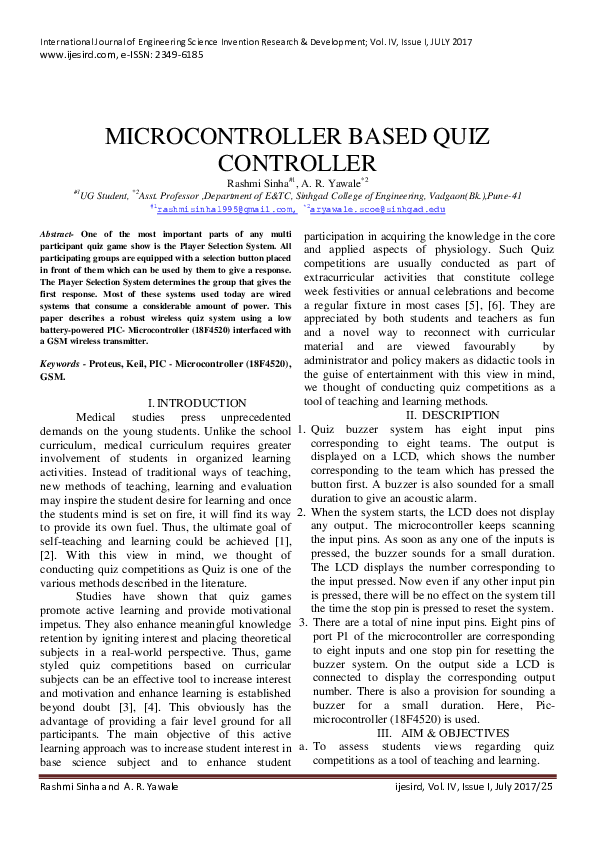 (PDF) MICROCONTROLLER BASED QUIZ CONTROLLER