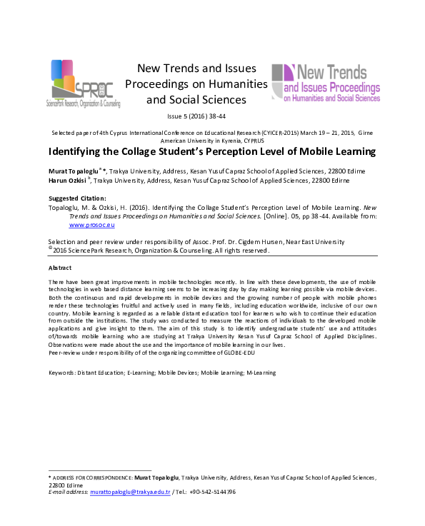 (PDF) Identifying the Collage Student's Perception Level of Mobile Learning