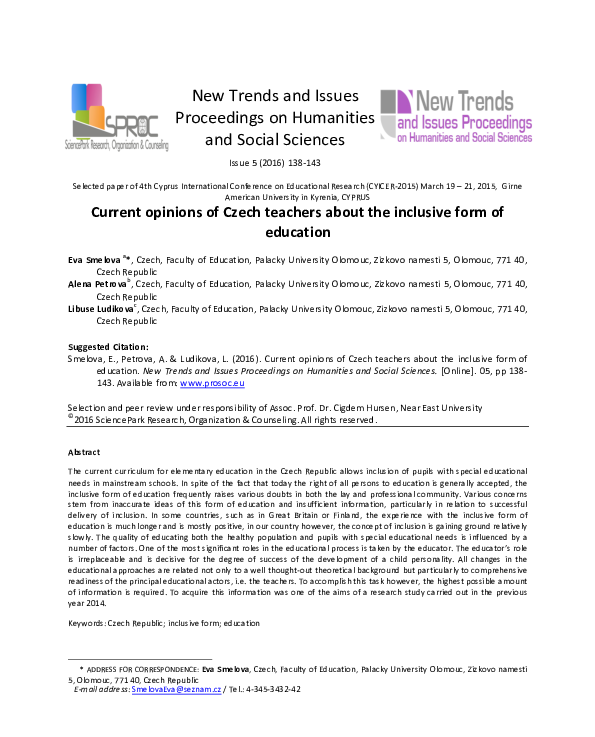 (PDF) Current opinions of Czech teachers about the inclusive form of ...