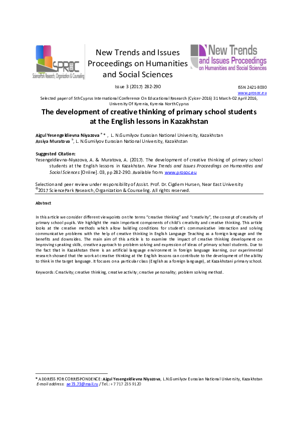  PDF The Development Of Creative Thinking Of Primary School Students