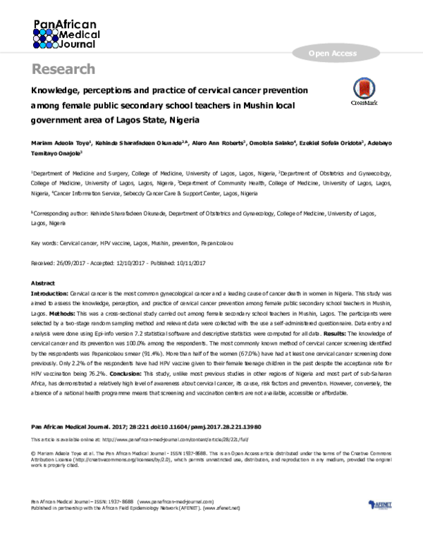 (PDF) Knowledge, perceptions and practice of cervical cancer prevention ...
