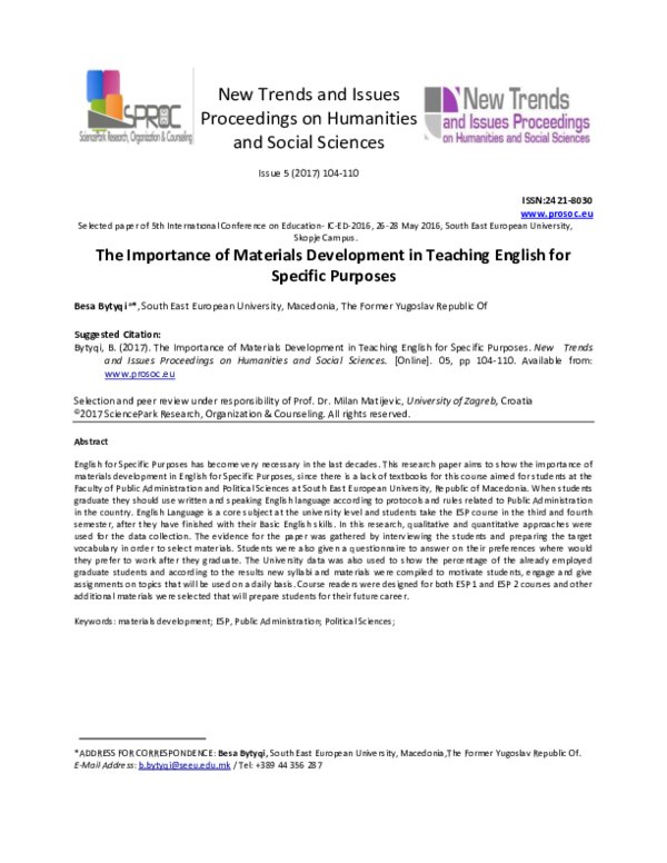 (PDF) The Importance of Materials Development in Teaching English for