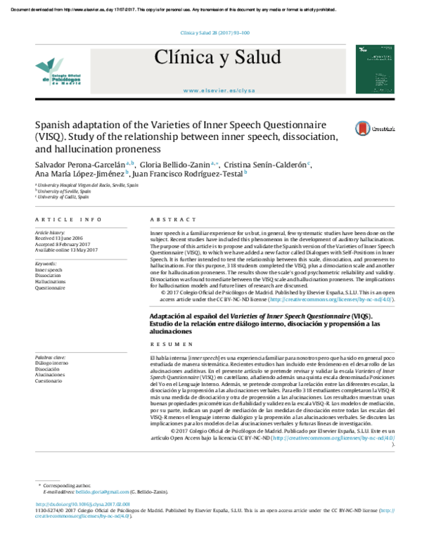 (PDF) Spanish adaptation of the Varieties of Inner Speech Questionnaire ...