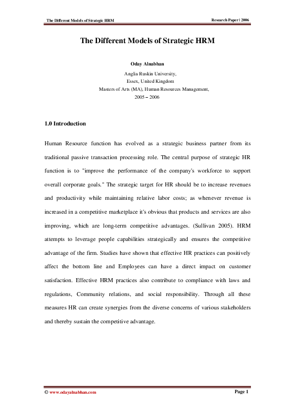 First page of “The Different Models of Strategic HRM”