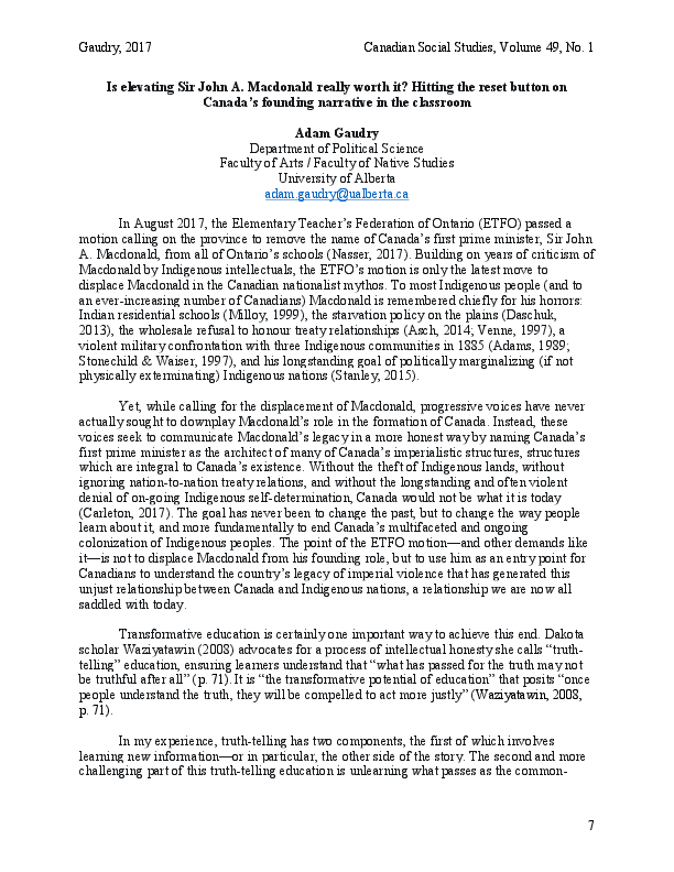 (PDF) Is elevating Sir John A. Macdonald really worth it? Hitting the ...